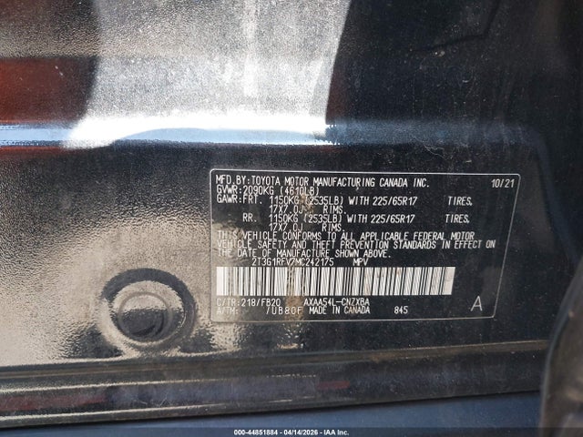 Aukcja sprzedaży 2021 Toyota Rav4 Le, vin: 2T3G1RFV7MC242175, numer aukcji: 44851884