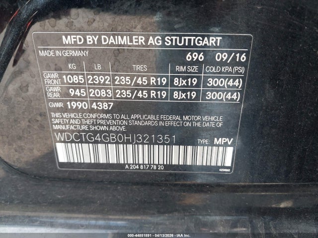 WDCTG4GB0HJ321351 Mercedes-Benz Gla 250 4matic