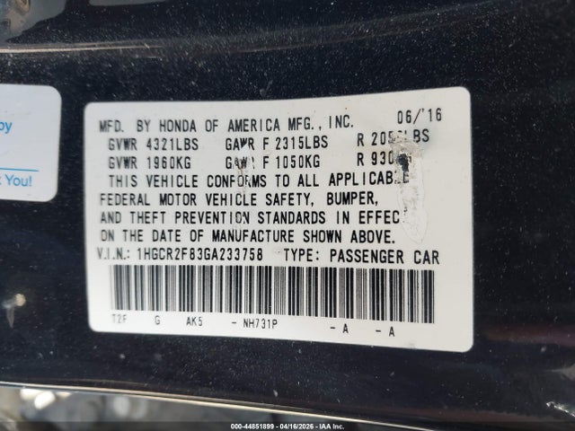 Aukcja sprzedaży 2016 Honda Accord Ex-l, vin: 1HGCR2F83GA233758, numer aukcji: 44851899
