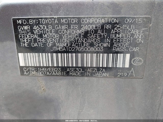 44851915 :رقم المزاد ، JTHBA1D27G5008003 vin ، 2016 Lexus Is 200t مزاد بيع