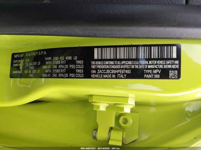 44851921 :رقم المزاد ، ZACCJBCB9HPE97493 vin ، 2017 Jeep Renegade Trailhawk 4x4 مزاد بيع