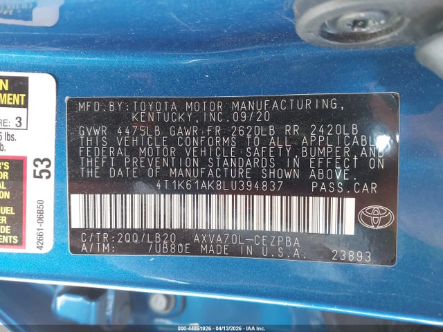 44851926 :رقم المزاد ، 4T1K61AK8LU394837 vin ، 2020 Toyota Camry Xse مزاد بيع
