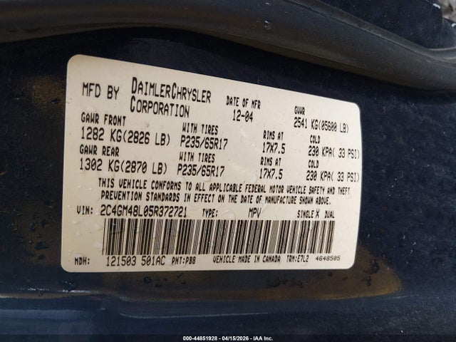 Aukcja sprzedaży 2005 Chrysler Pacifica, vin: 2C4GM48L05R372721, numer aukcji: 44851928