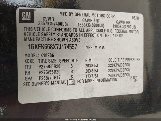 Aukcja sprzedaży 2007 Gmc Yukon Xl 1500 Denali, vin: 1GKFK668X7J174557, numer aukcji: 44851932