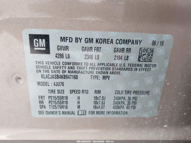 44851937 :رقم المزاد ، KL4CJASB4KB947168 vin ، 2019 Buick Encore Fwd Preferred مزاد بيع