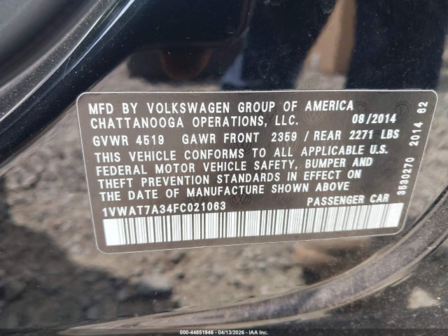 2015 Volkswagen Passat 1.8t Wolfsburg Edition მანქანა იყიდება აუქციონზე, vin: 1VWAT7A34FC021063, აუქციონის ნომერი: 44851946