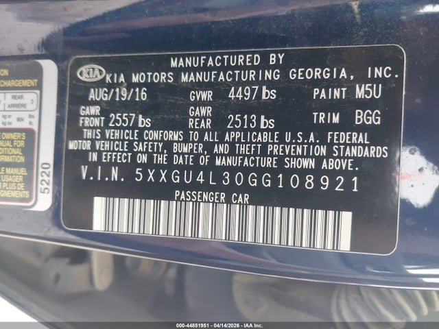 2016 Kia Optima Ex მანქანა იყიდება აუქციონზე, vin: 5XXGU4L30GG108921, აუქციონის ნომერი: 44851951