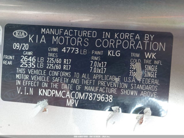 Продажа на аукционе авто 2021 Kia Sportage Lx, vin: KNDPMCAC0M7879638, номер лота: 44851959