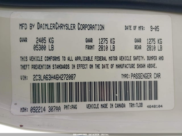 Aukcja sprzedaży 2006 Chrysler 300c, vin: 2C3LA63H46H272087, numer aukcji: 44851969