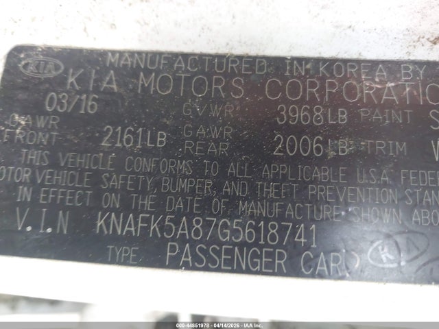 44851978 :رقم المزاد ، KNAFK5A87G5618741 vin ، 2016 Kia Forte Lx مزاد بيع