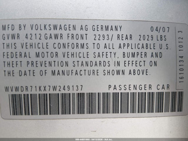 2007 Volkswagen Rabbit 4-door მანქანა იყიდება აუქციონზე, vin: WVWDR71KX7W249137, აუქციონის ნომერი: 44851980