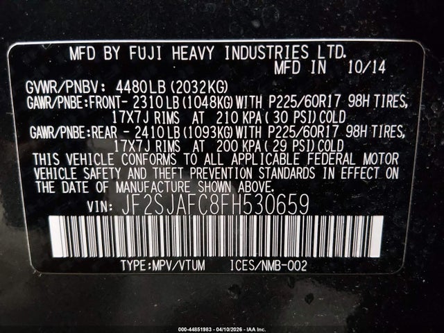 Продажа на аукционе авто 2015 Subaru Forester 2.5i Premium, vin: JF2SJAFC8FH530659, номер лота: 44851983