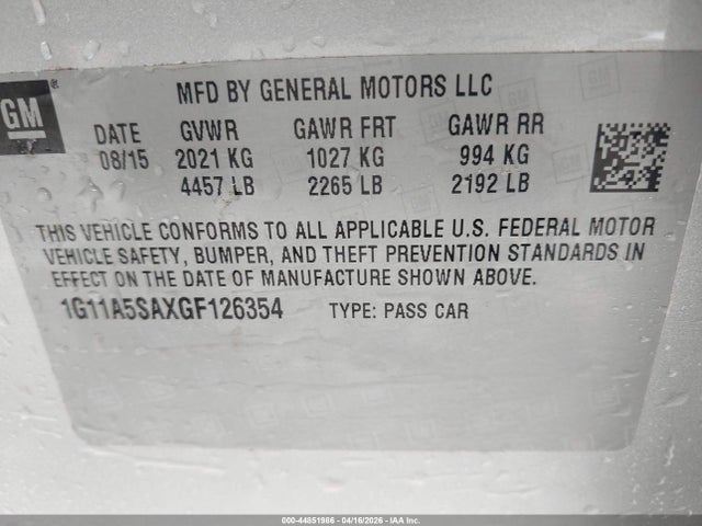 Aukcja sprzedaży 2016 Chevrolet Malibu Limited 1fl, vin: 1G11A5SAXGF126354, numer aukcji: 44851986