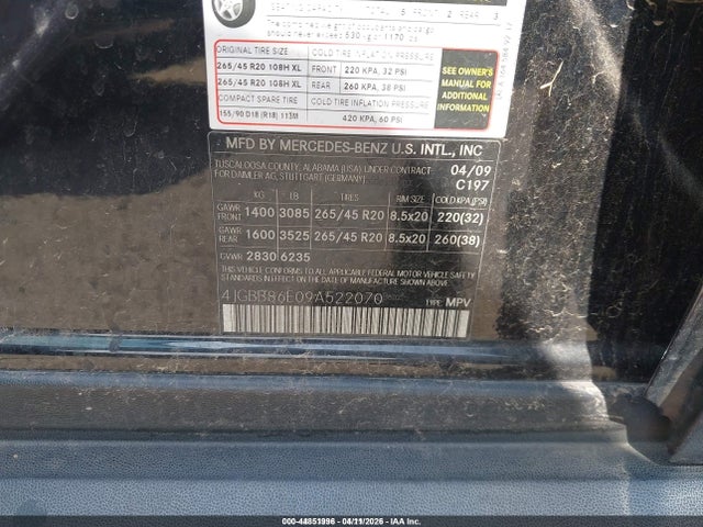 Aukcja sprzedaży 2009 Mercedes-benz Ml 350 4matic, vin: 4JGBB86E09A522070, numer aukcji: 44851996