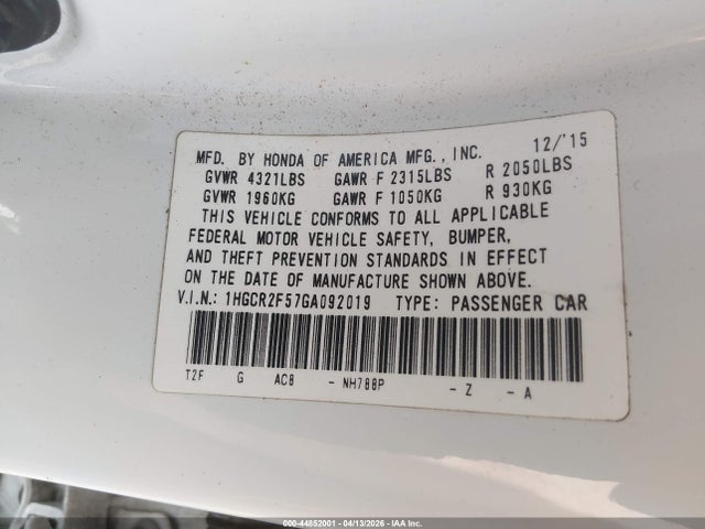 Aukcja sprzedaży 2016 Honda Accord Sport, vin: 1HGCR2F57GA092019, numer aukcji: 44852001