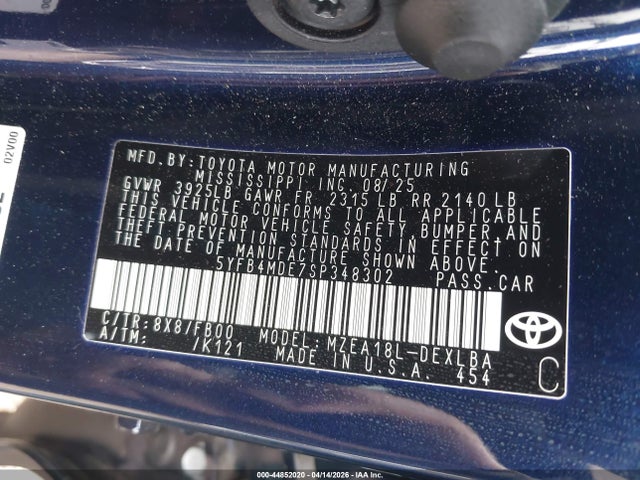 44852020 :رقم المزاد ، 5YFB4MDE7SP348302 vin ، 2025 Toyota Corolla Le مزاد بيع
