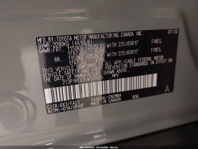 Auction sale of the 2020 Toyota Rav4 Xle, vin: 2T3P1RFV2LW126685, lot number: 44852024