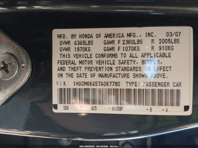 Продаж на аукціоні авто 2007 Honda Accord 3.0 Se, vin: 1HGCM66457A067780, номер лоту: 44852029