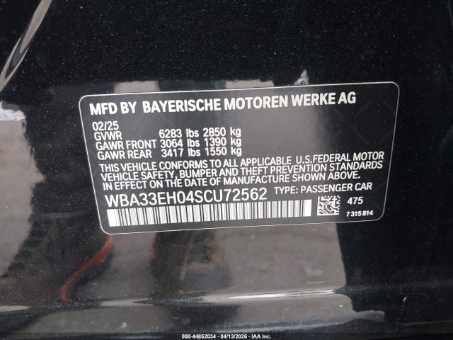 44852034 :رقم المزاد ، WBA33EH04SCU72562 vin ، 2025 Bmw 740i Xdrive مزاد بيع