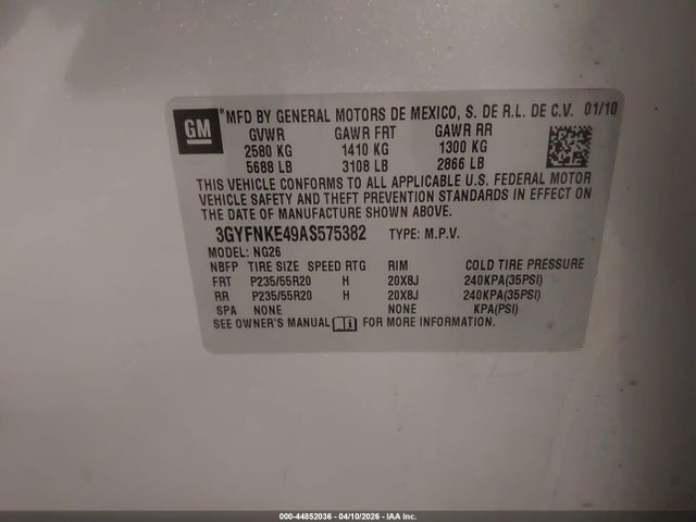 44852036 :رقم المزاد ، 3GYFNKE49AS575382 vin ، 2010 Cadillac Srx Turbo Premium مزاد بيع