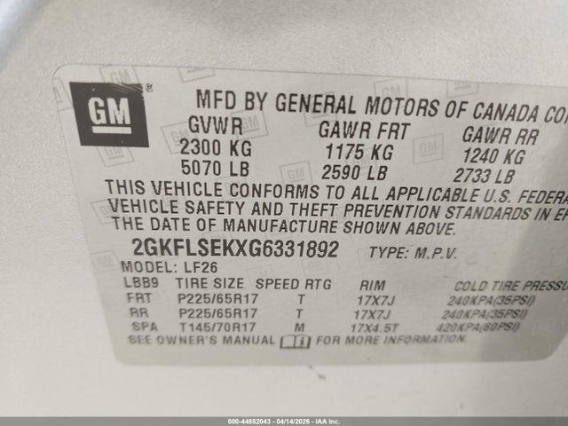2016 Gmc Terrain Sle-1 მანქანა იყიდება აუქციონზე, vin: 2GKFLSEKXG6331892, აუქციონის ნომერი: 44852043