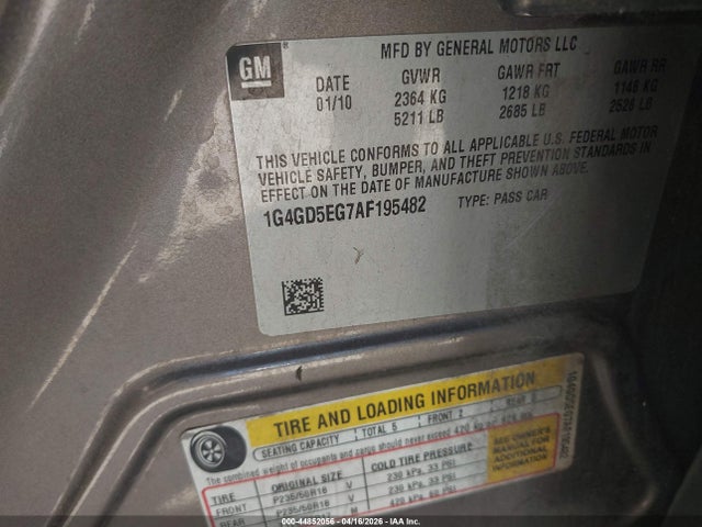 2010 Buick Lacrosse Cxl მანქანა იყიდება აუქციონზე, vin: 1G4GD5EG7AF195482, აუქციონის ნომერი: 44852056