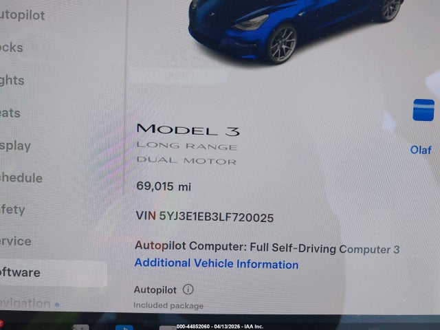 Aukcja sprzedaży 2020 Tesla Model 3 Long Range Dual Motor All-wheel Drive, vin: 5YJ3E1EB3LF720025, numer aukcji: 44852060