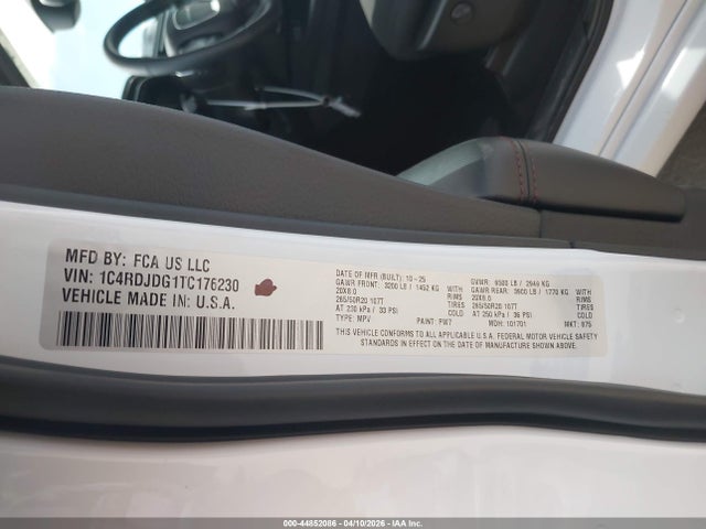 44852086 :رقم المزاد ، 1C4RDJDG1TC176230 vin ، 2026 Dodge Durango Gt Awd/gt Plus Awd مزاد بيع