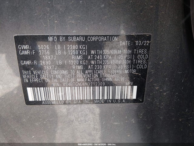 Продаж на аукціоні авто 2022 Subaru Outback Limited Xt, vin: 4S4BTGND6N3212309, номер лоту: 44852092
