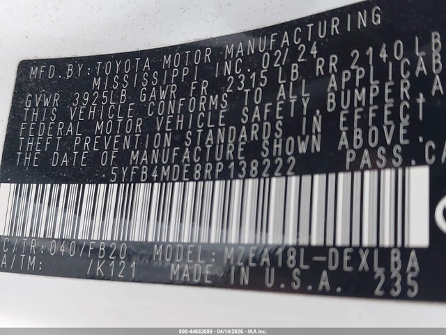 44852098 :رقم المزاد ، 5YFB4MDE8RP138222 vin ، 2024 Toyota Corolla Le مزاد بيع