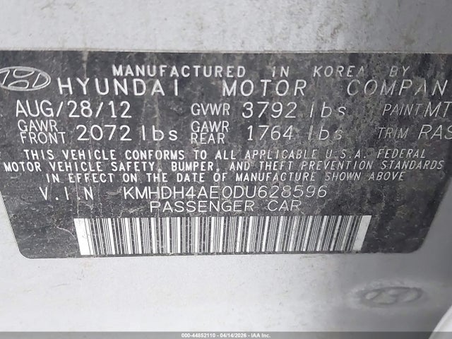 Aukcja sprzedaży 2013 Hyundai Elantra Limited, vin: KMHDH4AE0DU628596, numer aukcji: 44852110