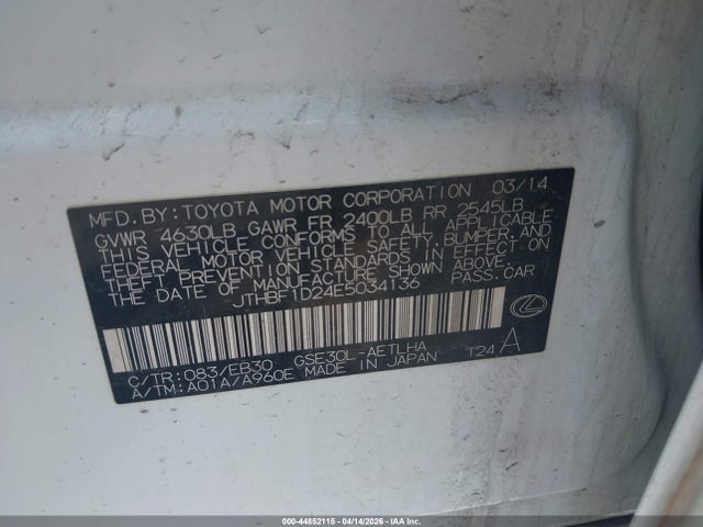 Aukcja sprzedaży 2014 Lexus Is 250, vin: JTHBF1D24E5034136, numer aukcji: 44852115