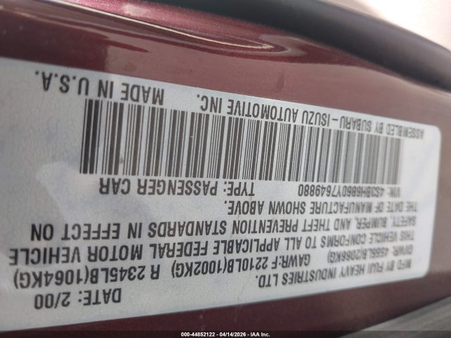 Aukcja sprzedaży 2000 Subaru Outback Limited, vin: 4S3BH6860Y7649880, numer aukcji: 44852122