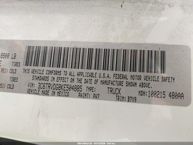 Продажа на аукционе авто 2019 Ram Promaster 2500 High Roof 159 Wb, vin: 3C6TRVDG8KE504885, номер лота: 44852125