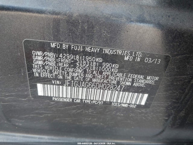 Aukcja sprzedaży 2013 Subaru Impreza 2.0i Limited, vin: JF1GJAG66DH028247, numer aukcji: 44852126