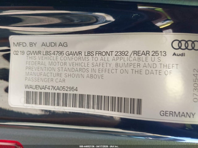 44852136 :رقم المزاد ، WAUENAF47KA052954 vin ، 2019 Audi A4 45 Premium مزاد بيع