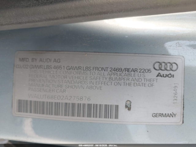 2002 Audi A4 3.0 მანქანა იყიდება აუქციონზე, vin: WAUJT68E02A275876, აუქციონის ნომერი: 44852137
