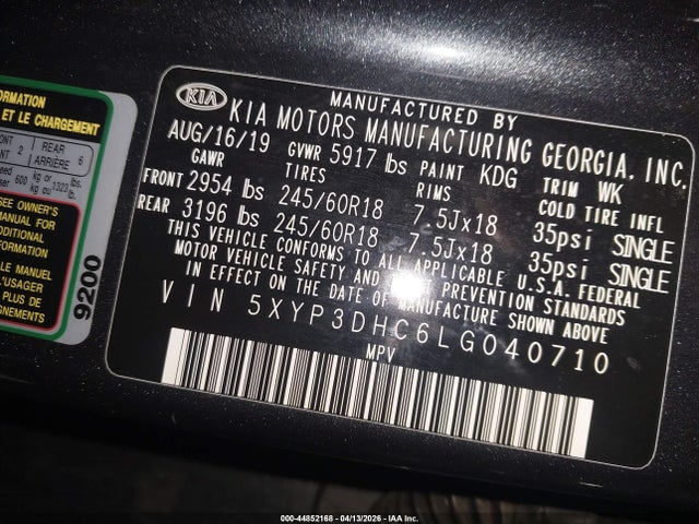 2020 Kia Telluride Ex მანქანა იყიდება აუქციონზე, vin: 5XYP3DHC6LG040710, აუქციონის ნომერი: 44852168