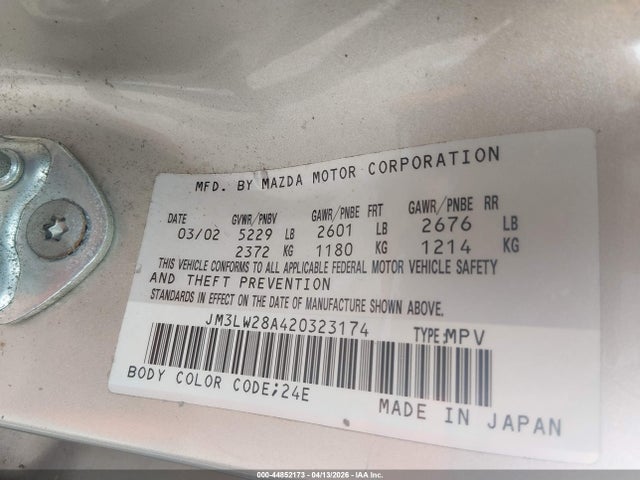 44852173 :رقم المزاد ، JM3LW28A420323174 vin ، 2002 Mazda Mpv Es/lx مزاد بيع