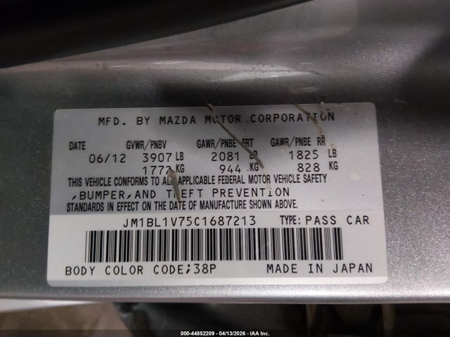 44852209 :رقم المزاد ، JM1BL1V75C1687213 vin ، 2012 Mazda Mazda3 مزاد بيع