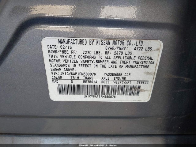 44852210 :رقم المزاد ، JN1CV6AP1FM580876 vin ، 2015 Infiniti Q40 مزاد بيع