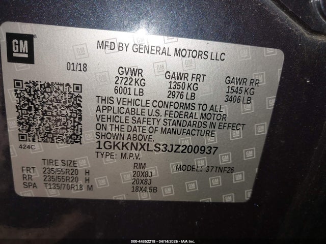 44852218 :رقم المزاد ، 1GKKNXLS3JZ200937 vin ، 2018 Gmc Acadia Denali مزاد بيع