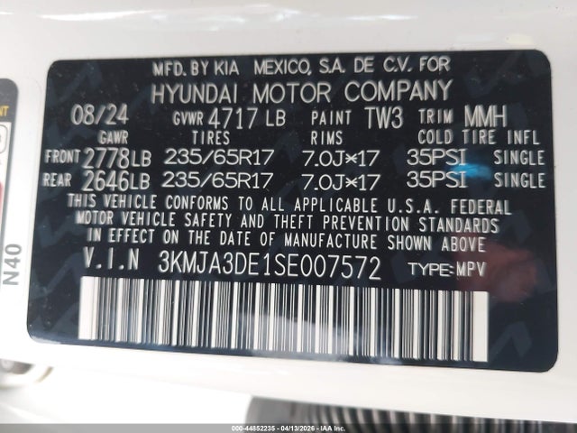2025 Hyundai Tucson Se მანქანა იყიდება აუქციონზე, vin: 3KMJA3DE1SE007572, აუქციონის ნომერი: 44852235