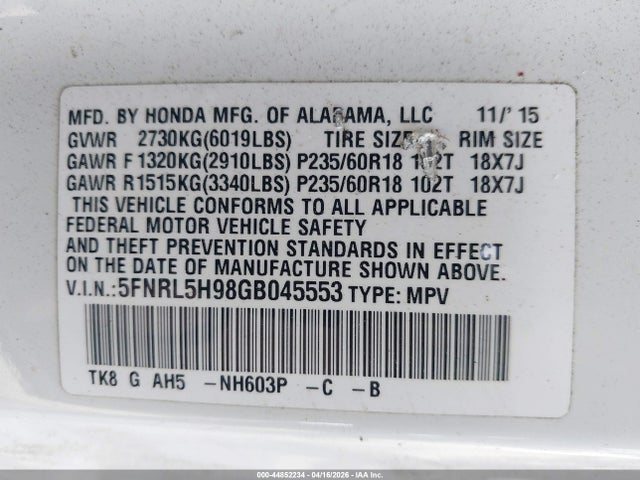 Aukcja sprzedaży 2016 Honda Odyssey Touring/touring Elite, vin: 5FNRL5H98GB045553, numer aukcji: 44852234