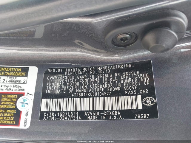 Aukcja sprzedaży 2014 Toyota Camry Hybrid Xle, vin: 4T1BD1FK0EU104527, numer aukcji: 44852245