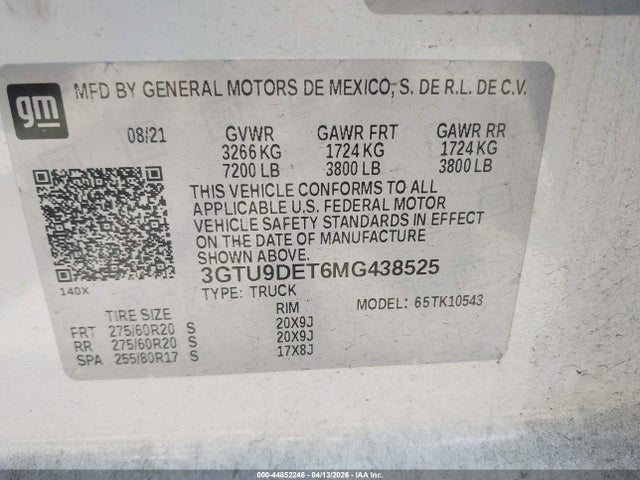 Продажа на аукционе авто 2021 Gmc Sierra 1500 4wd  Short Box Slt, vin: 3GTU9DET6MG438525, номер лота: 44852246
