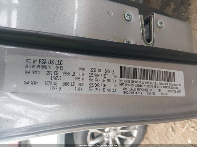 44852267 :رقم المزاد ، 1C4PJLLB5KD420083 vin ، 2019 Jeep Cherokee Latitude Plus Fwd مزاد بيع