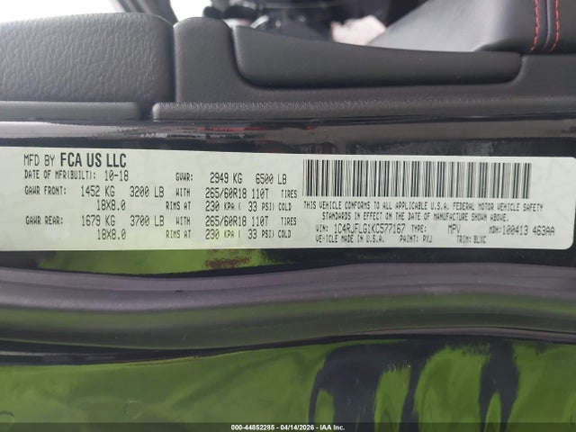 44852285 :رقم المزاد ، 1C4RJFLG1KC577167 vin ، 2019 Jeep Grand Cherokee Trailhawk 4x4 مزاد بيع