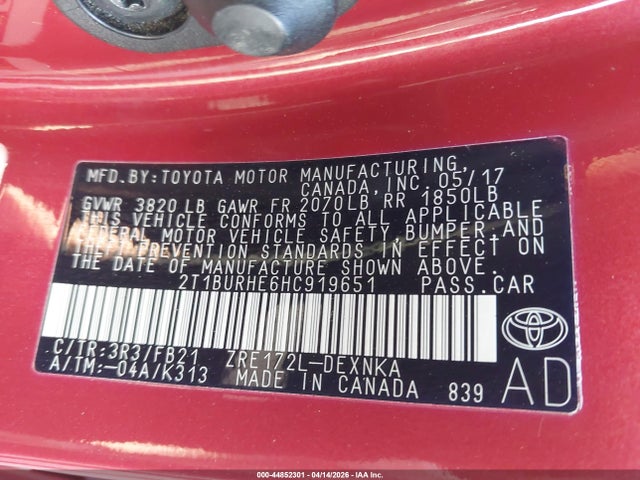 Aukcja sprzedaży 2017 Toyota Corolla Le, vin: 2T1BURHE6HC919651, numer aukcji: 44852301
