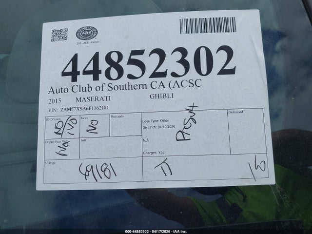 Aukcja sprzedaży 2015 Maserati Ghibli, vin: ZAM57XSA6F1162181, numer aukcji: 44852302